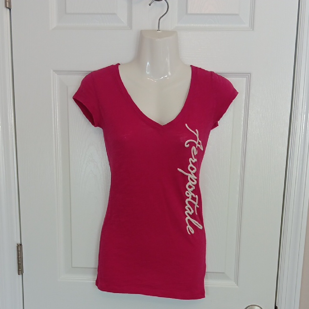Aeropostale Women's XS Y2K Pink V-Neck Top White Lettering Vintage